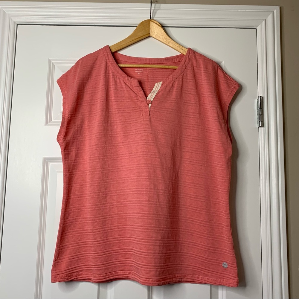 T by Talbots Women's Coral Pink Slub Knit Henley Cotton Blend Top Size XL